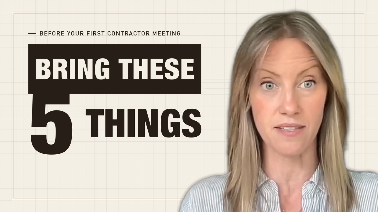 Jess Domenick next to the words "Before your first contractor meeting: bring these 5 things"