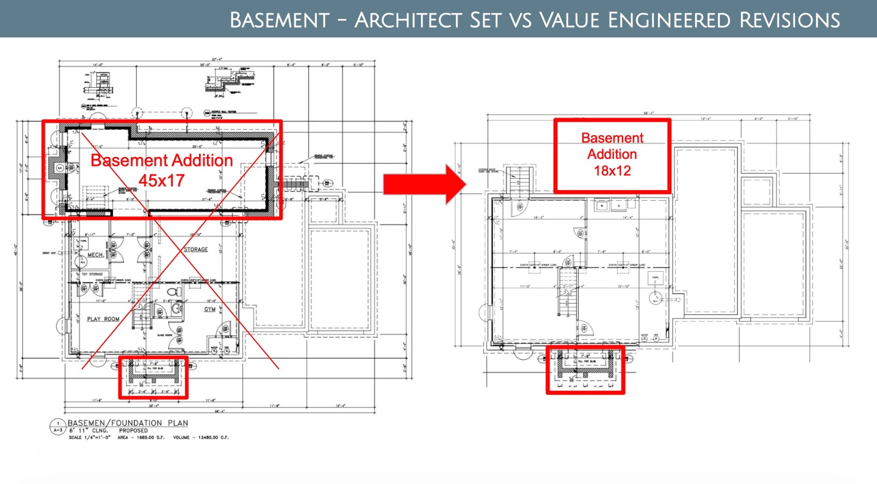 Basement — architect set vs. value-engineered revisions